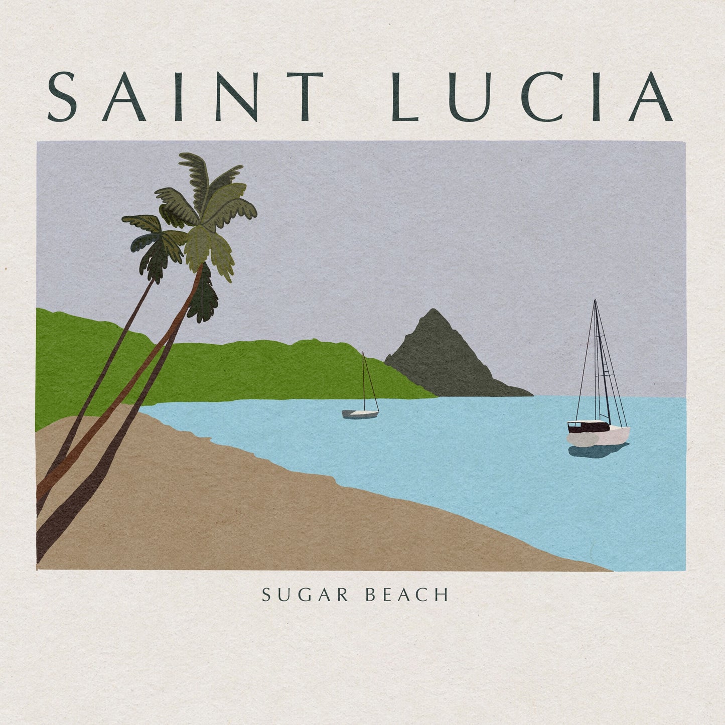 Art print of Sugar Beach in Saint Lucia with two sailboats in the bay by VCBD Studios
