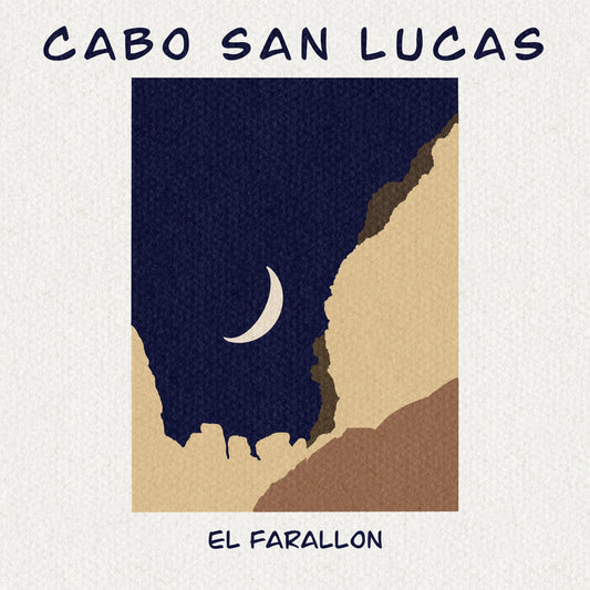 Dreamy illustrated art print of Cabo San Lucas with a nighttime view of the moon by VCBD Studios