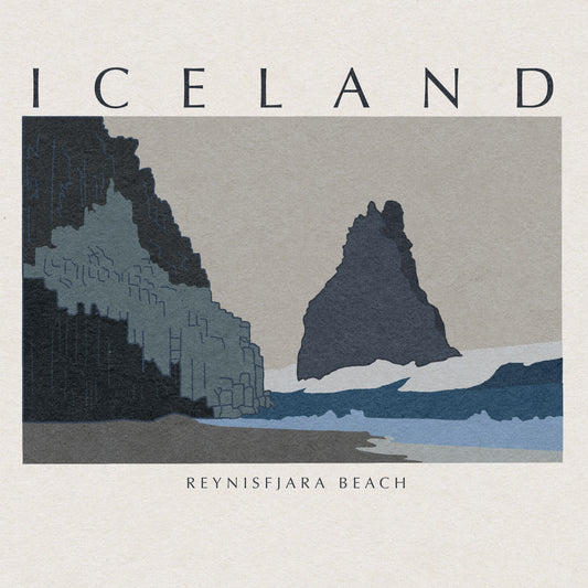 Art print of Reynisfjara Beach in Iceland featuring black sand and basalt columns by VCBD Studios
