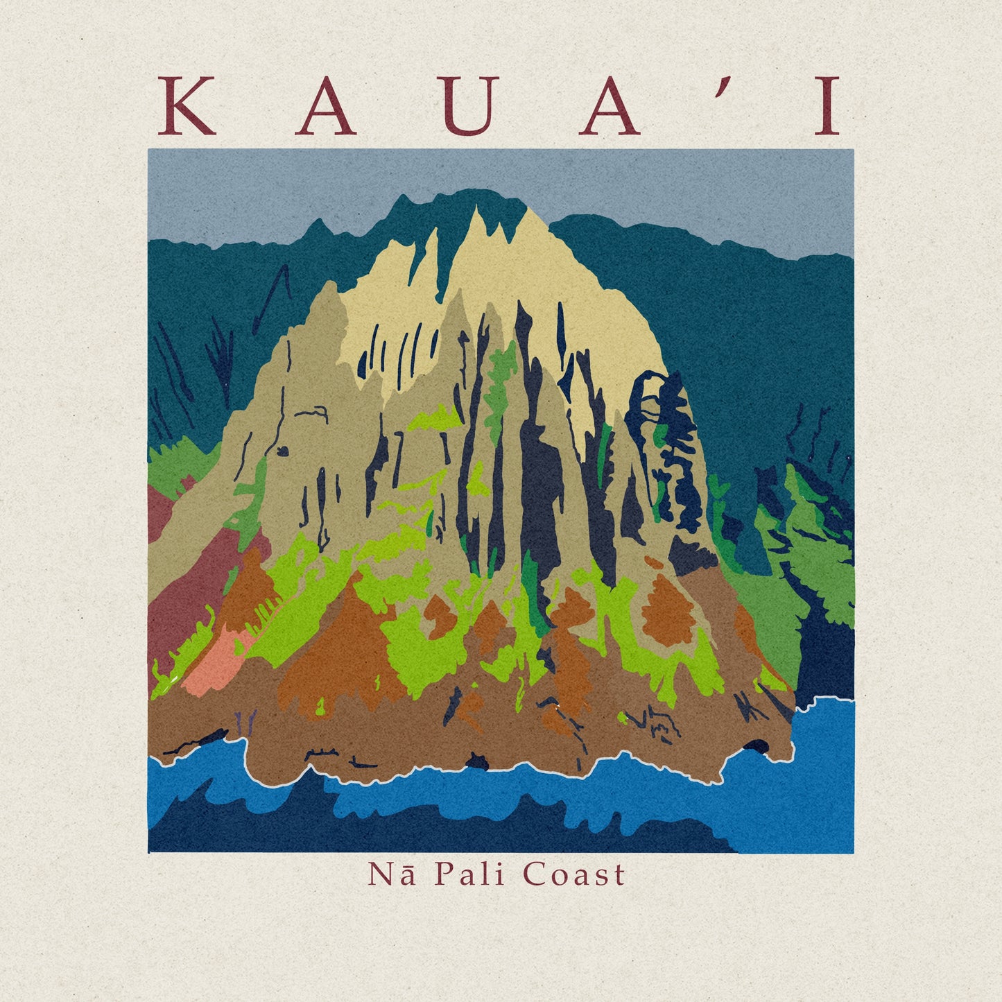 Art print of Kauai’s Na Pali Coastline with lush cliffs and turquoise waters by VCBD Studios