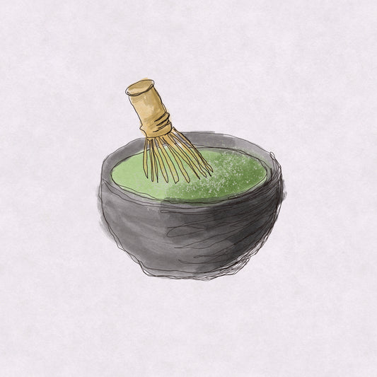 Art print of a traditional matcha bowl with bamboo whisk on a neutral background by VCBD Studios
