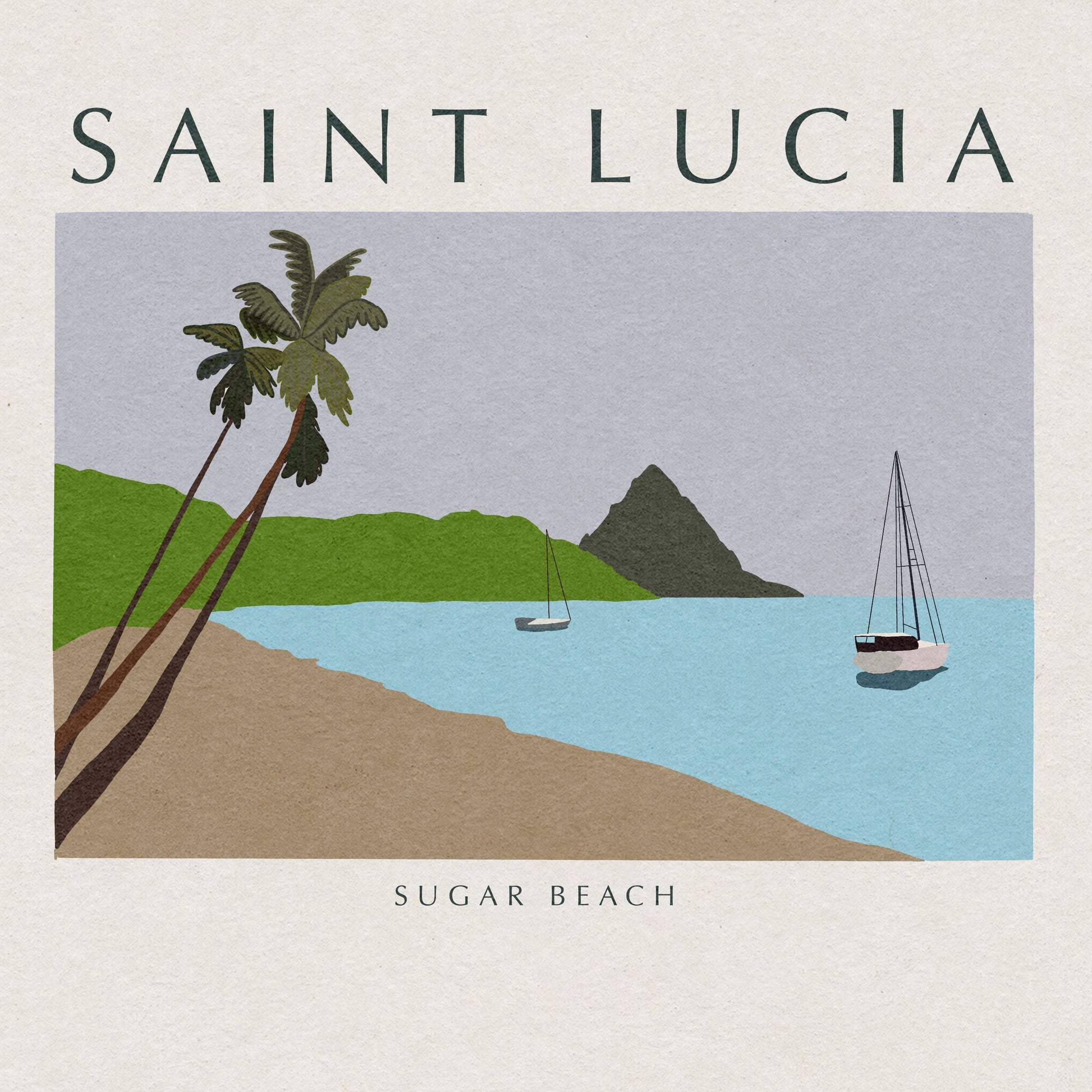 Art print of Sugar Beach in Saint Lucia with two sailboats in the bay by VCBD Studios