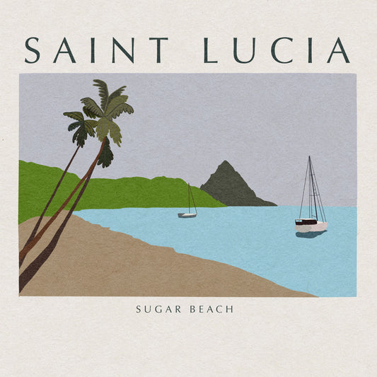 Art print of Sugar Beach in Saint Lucia with two sailboats in the bay by VCBD Studios