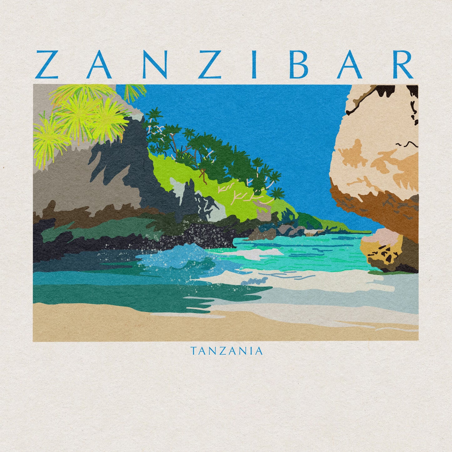 Art print of a serene beach scene in Zanzibar with turquoise water and soft sand by VCBD Studios